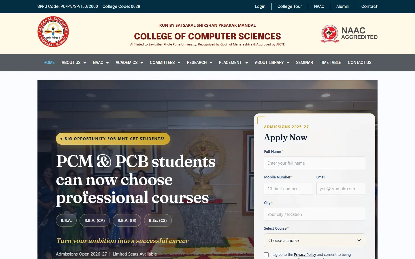 College of Computer Sciences, Pune website homepage, desktop view