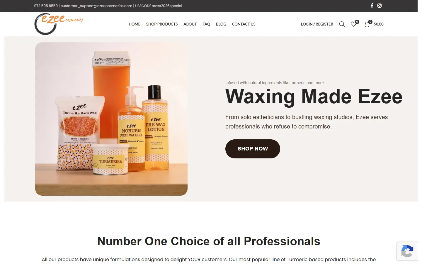Ezee Cosmetics website homepage, desktop view