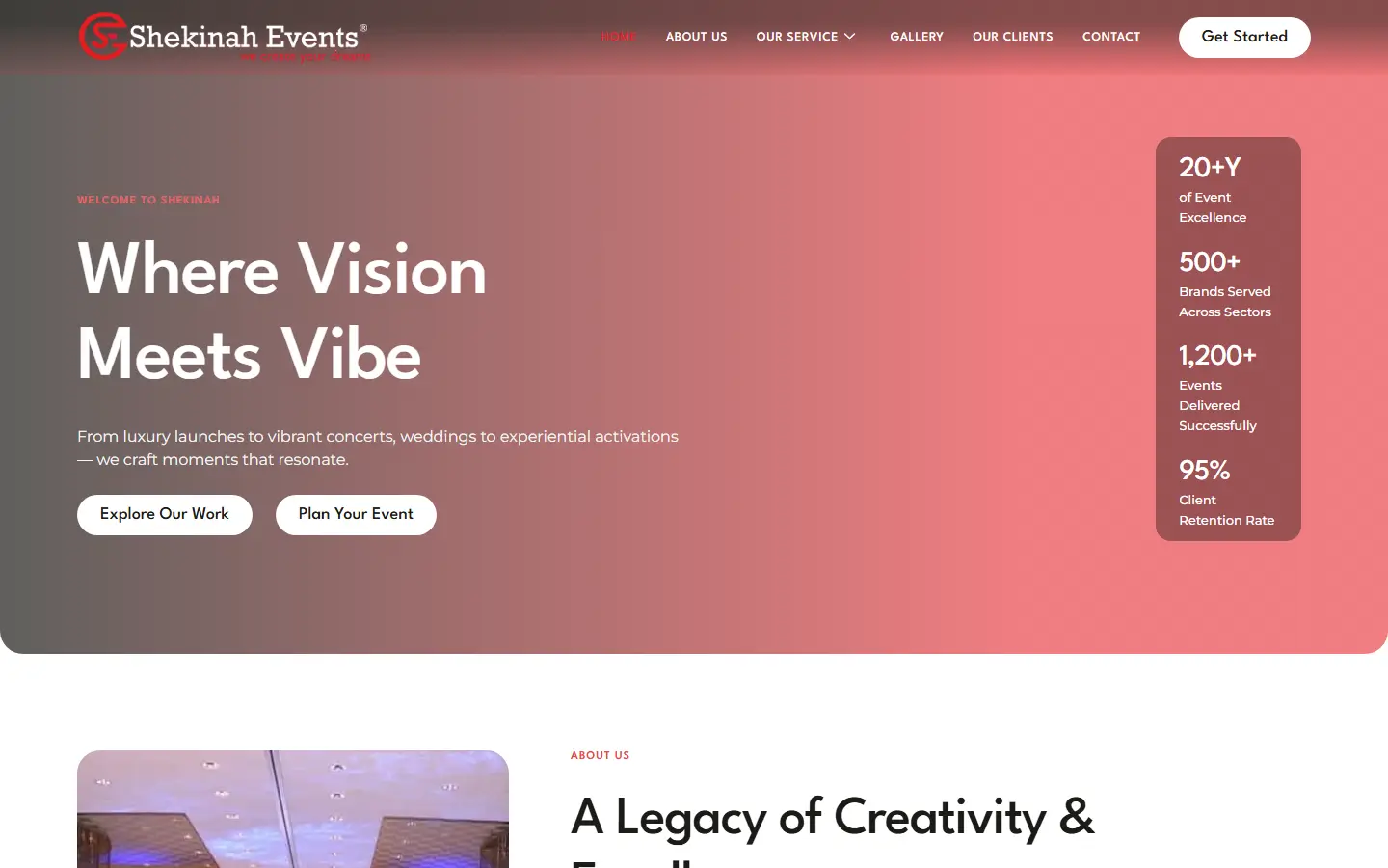 Shekinah Events website homepage, desktop view