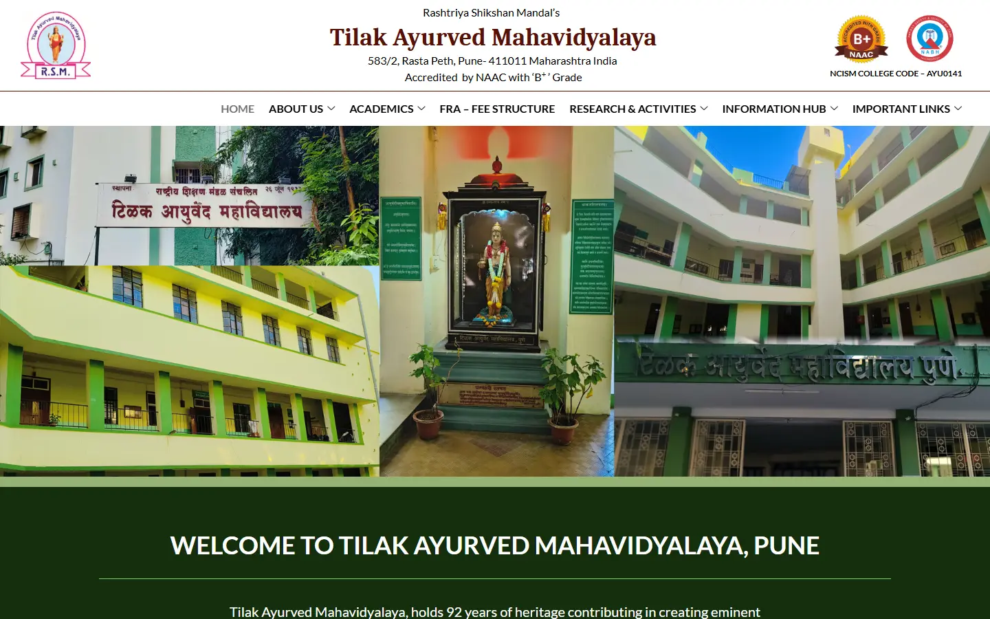 Tilak Ayurved Mahavidyalaya website homepage, desktop view